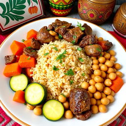 A beautifully presented plate of traditional Mauritanian dish, Mashfouf, featuring perfectly cooked coarse wheat