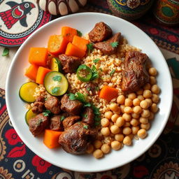 A beautifully presented plate of traditional Mauritanian dish, Mashfouf, featuring perfectly cooked coarse wheat