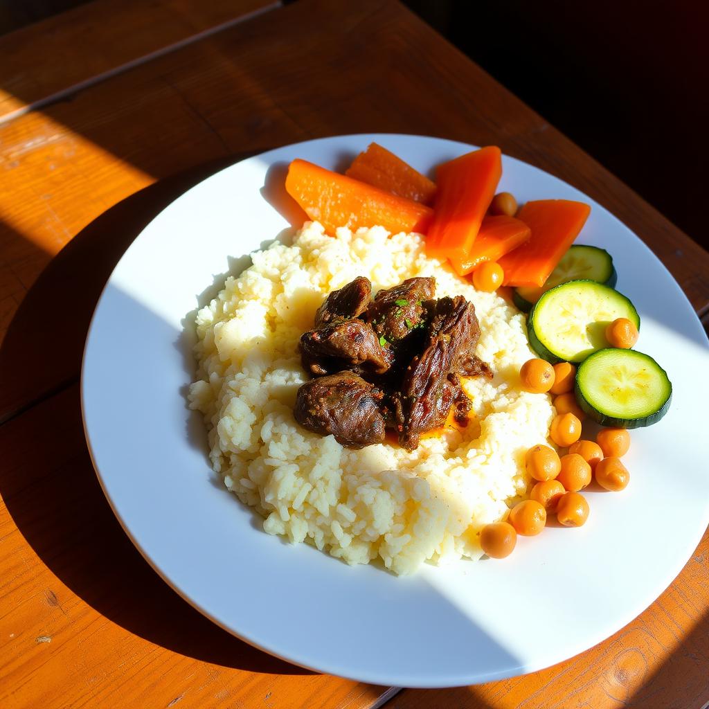 A beautifully arranged plate of traditional Mauritanian messfouf served with cooked beef, accompanied by cooked slices of carrots, zucchini, and chickpeas