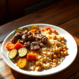 A beautifully arranged plate of traditional Mauritanian messfouf served with cooked beef, accompanied by cooked slices of carrots, zucchini, and chickpeas