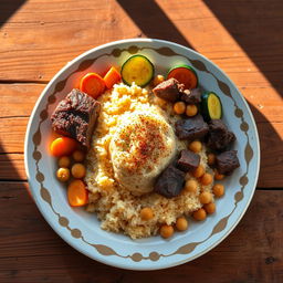 A beautifully arranged plate of traditional Mauritanian messfouf served with cooked beef, accompanied by cooked slices of carrots, zucchini, and chickpeas