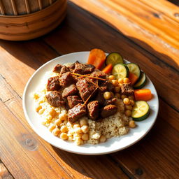 A beautifully arranged plate of traditional Mauritanian messfouf served with cooked beef, accompanied by cooked slices of carrots, zucchini, and chickpeas