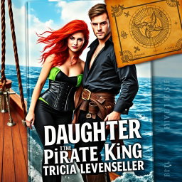 A striking book cover for 'Daughter of the Pirate King' by Tricia Levenseller featuring an 18-year-old female pirate and her male counterpart on a ship at sea