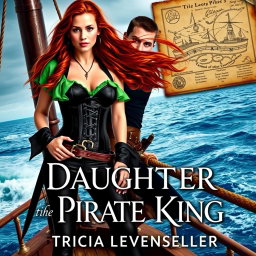 A striking book cover for 'Daughter of the Pirate King' by Tricia Levenseller featuring an 18-year-old female pirate and her male counterpart on a ship at sea