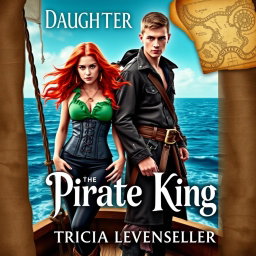 A striking book cover for 'Daughter of the Pirate King' by Tricia Levenseller featuring an 18-year-old female pirate and her male counterpart on a ship at sea