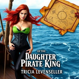 A striking book cover for 'Daughter of the Pirate King' by Tricia Levenseller featuring an 18-year-old female pirate and her male counterpart on a ship at sea