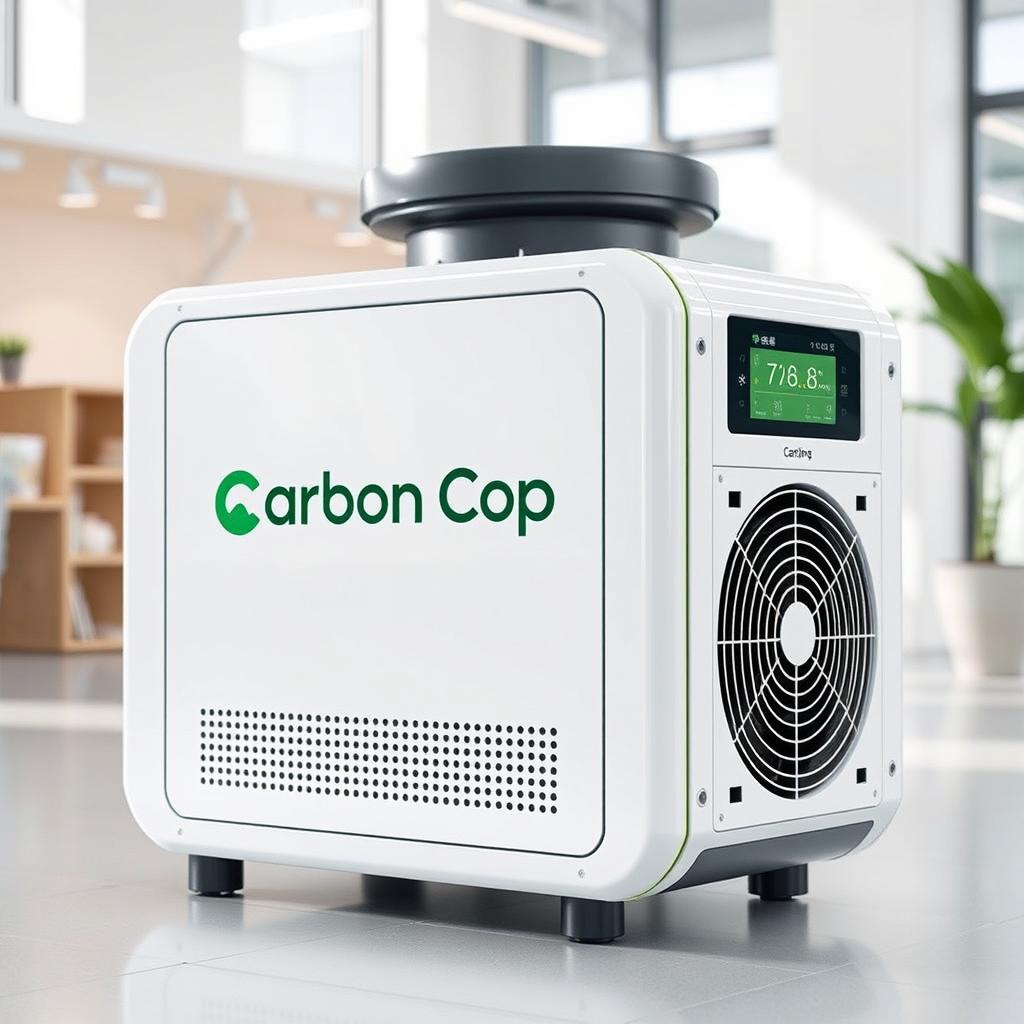 Introducing 'Carbon Cop', a revolutionary compact generator designed to capture carbon emissions and convert them into renewable electricity