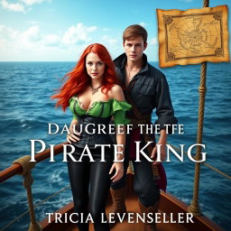 A realistic book cover for 'Daughter of the Pirate King' by Tricia Levenseller featuring an 18-year-old pirate girl and an 18-year-old pirate guy standing confidently on a ship at sea