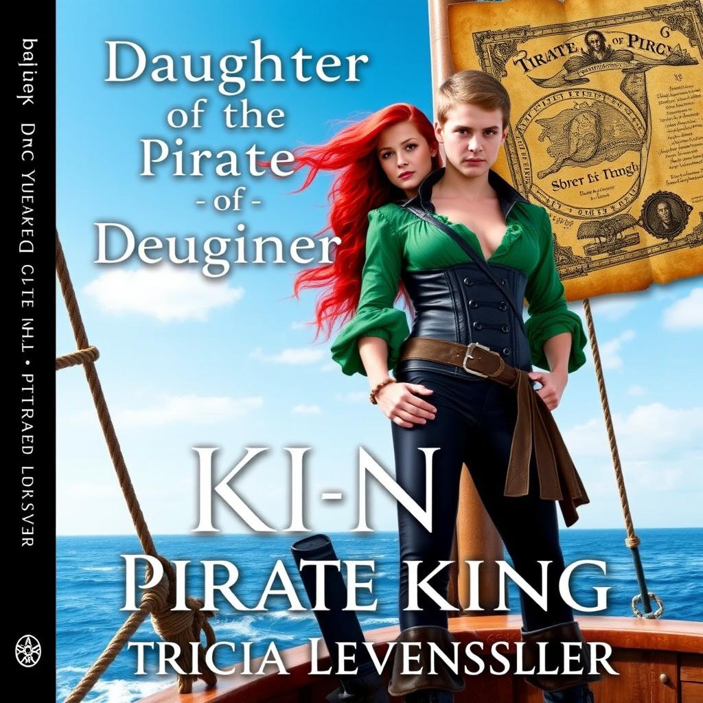 A realistic book cover for 'Daughter of the Pirate King' by Tricia Levenseller featuring an 18-year-old pirate girl and an 18-year-old pirate guy standing confidently on a ship at sea