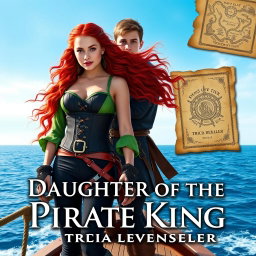 A realistic book cover for 'Daughter of the Pirate King' by Tricia Levenseller featuring an 18-year-old pirate girl and an 18-year-old pirate guy standing confidently on a ship at sea