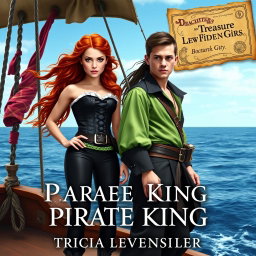 A realistic book cover for 'Daughter of the Pirate King' by Tricia Levenseller featuring an 18-year-old pirate girl and an 18-year-old pirate guy standing confidently on a ship at sea