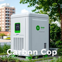 Introducing 'Carbon Cop', an innovative outdoor device by MnM Corporation specifically designed to capture carbon emissions from the atmosphere and convert them into renewable electricity