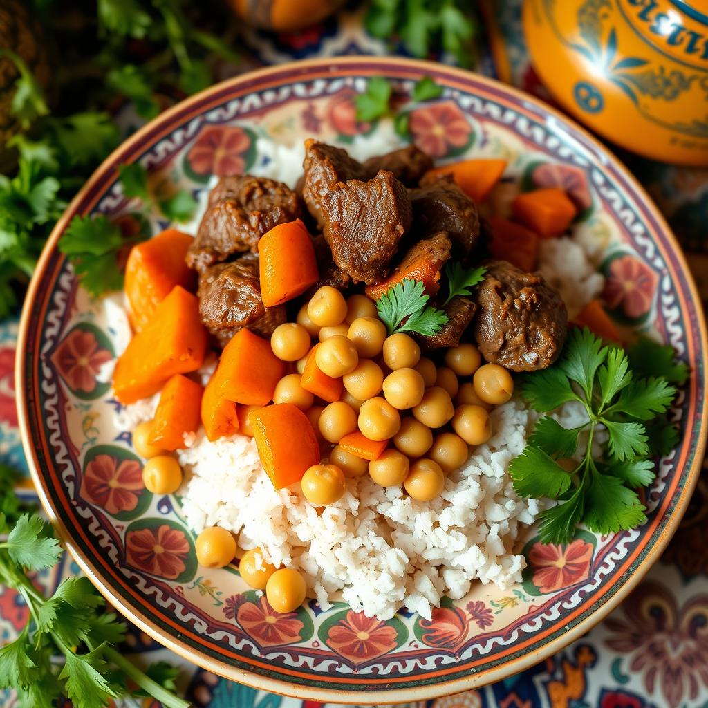 A beautifully arranged plate of traditional Mauritanian Mssoufa, topped with tender pieces of slow-cooked meat, vibrant orange cooked carrot pieces, soft cooked zucchini slices, and a sprinkle of chickpeas