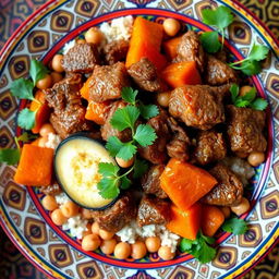 A beautifully arranged plate of traditional Mauritanian Mssoufa, topped with tender pieces of slow-cooked meat, vibrant orange cooked carrot pieces, soft cooked zucchini slices, and a sprinkle of chickpeas