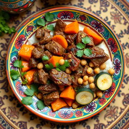 A beautifully arranged plate of traditional Mauritanian Mssoufa, topped with tender pieces of slow-cooked meat, vibrant orange cooked carrot pieces, soft cooked zucchini slices, and a sprinkle of chickpeas