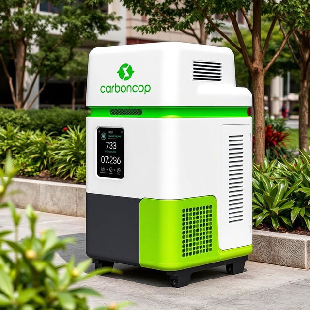 Introducing 'Carbon Cop', an innovative outdoor device by MnM Corporation designed to efficiently capture carbon emissions from the air and convert them into renewable electricity