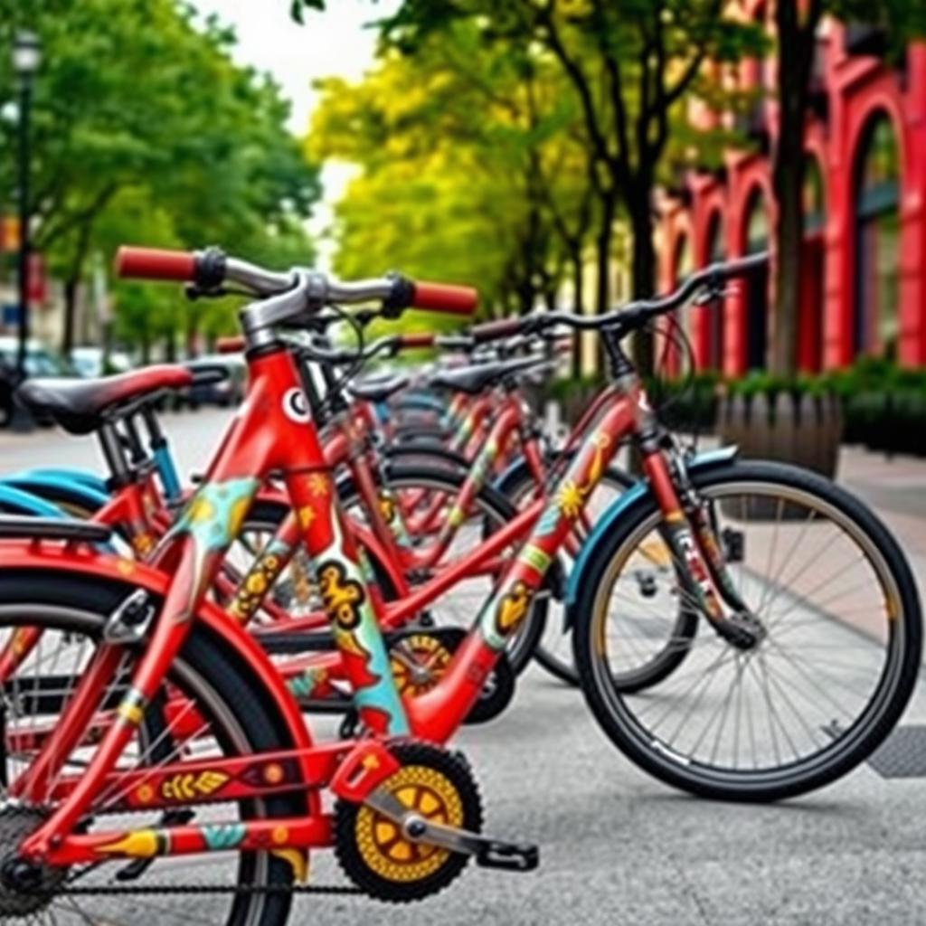 Beautiful city bicycles with colorful designs featuring primary colors such as red, blue, and yellow