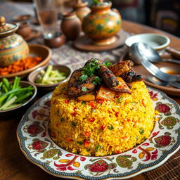 A traditional dish of Malah Rob, featuring vibrant and colorful ingredients such as fresh vegetables and aromatic spices