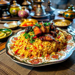 A traditional dish of Malah Rob, featuring vibrant and colorful ingredients such as fresh vegetables and aromatic spices