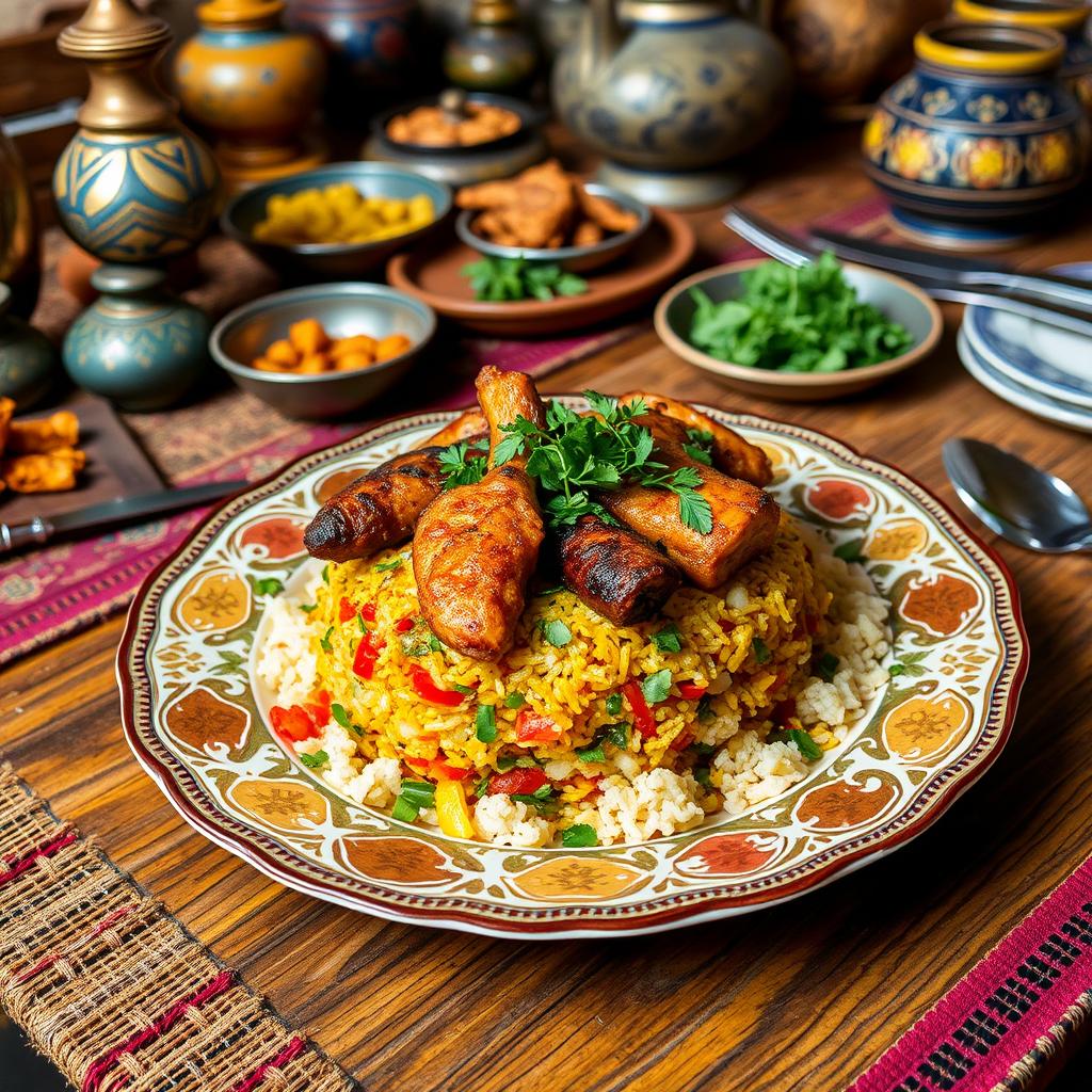 A traditional dish of Malah Rob, featuring vibrant and colorful ingredients such as fresh vegetables and aromatic spices