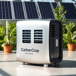 A sleek, modern product design for a carbon emissions capture device named 'Carbon Cop'