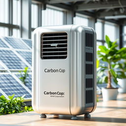 A sleek, modern product design for a carbon emissions capture device named 'Carbon Cop'