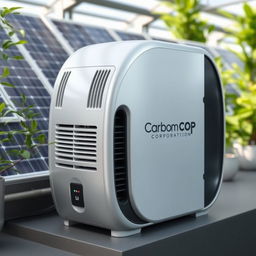 A sleek, modern product design for a carbon emissions capture device named 'Carbon Cop'