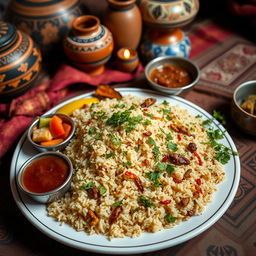 A beautifully arranged traditional Middle Eastern platter featuring Mollah Rob, a popular dish made with rice and various ingredients