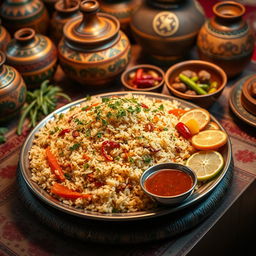 A beautifully arranged traditional Middle Eastern platter featuring Mollah Rob, a popular dish made with rice and various ingredients