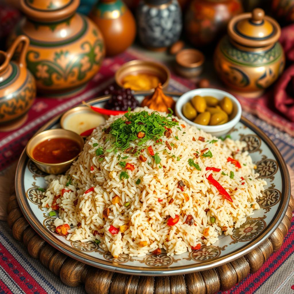 A beautifully arranged traditional Middle Eastern platter featuring Mollah Rob, a popular dish made with rice and various ingredients