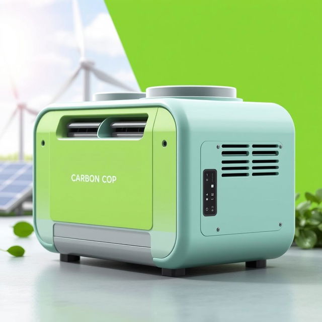 A compact and innovative product design for 'Carbon Cop', a device that captures carbon emissions and converts them into electricity
