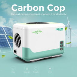 A compact and innovative product design for 'Carbon Cop', a device that captures carbon emissions and converts them into electricity
