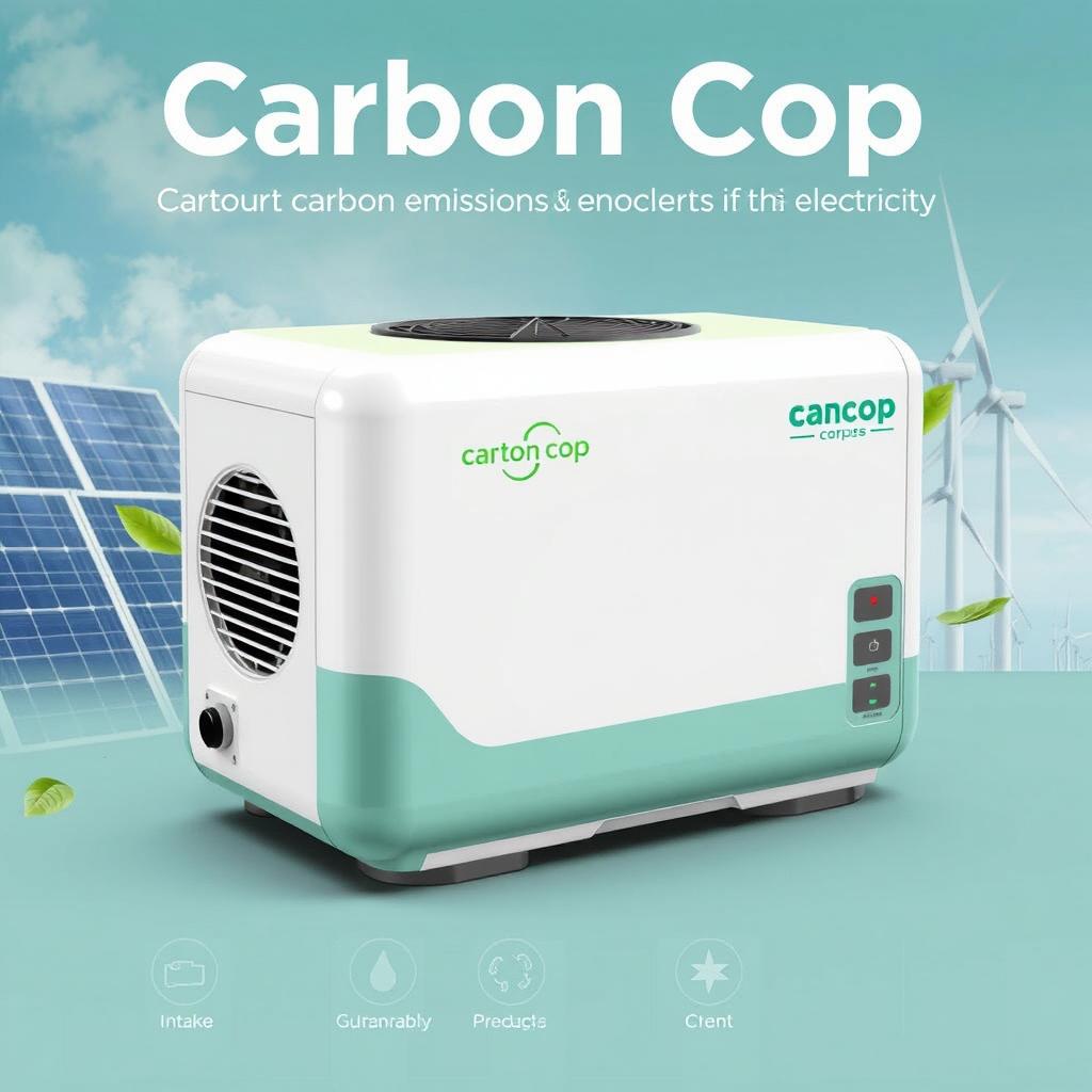 A compact and innovative product design for 'Carbon Cop', a device that captures carbon emissions and converts them into electricity