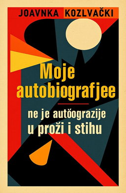 A striking book cover design for 'Moje autobiografije u prozi i stihu' by Jovanka Kozlovački, inspired by Russian Futurism from the 1920s