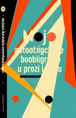A striking book cover design for 'Moje autobiografije u prozi i stihu' by Jovanka Kozlovački, inspired by Russian Futurism from the 1920s
