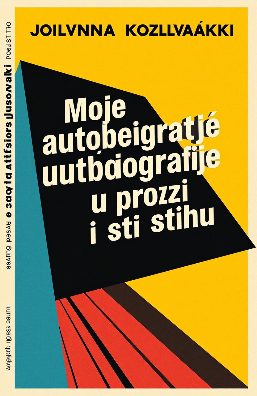 A striking book cover design for 'Moje autobiografije u prozi i stihu' by Jovanka Kozlovački, inspired by Russian Futurism from the 1920s
