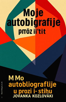 A striking book cover design for 'Moje autobiografije u prozi i stihu' by Jovanka Kozlovački, inspired by Russian Futurism from the 1920s