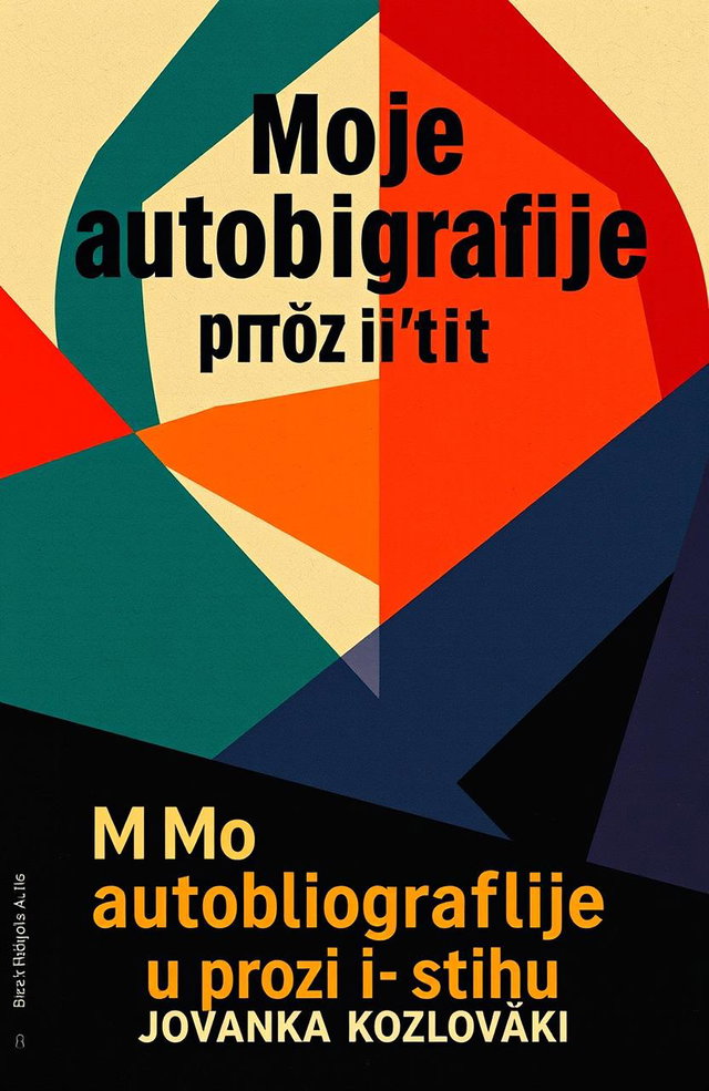 A striking book cover design for 'Moje autobiografije u prozi i stihu' by Jovanka Kozlovački, inspired by Russian Futurism from the 1920s