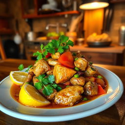 A traditional plate of "Malah Rob" served beautifully on a wooden table, featuring a rich, flavorful broth with tender pieces of meat, vibrant vegetables, and aromatic herbs
