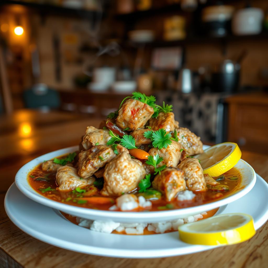 A traditional plate of "Malah Rob" served beautifully on a wooden table, featuring a rich, flavorful broth with tender pieces of meat, vibrant vegetables, and aromatic herbs