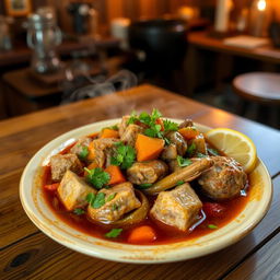 A traditional plate of "Malah Rob" served beautifully on a wooden table, featuring a rich, flavorful broth with tender pieces of meat, vibrant vegetables, and aromatic herbs