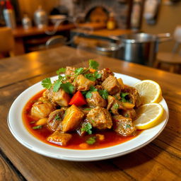 A traditional plate of "Malah Rob" served beautifully on a wooden table, featuring a rich, flavorful broth with tender pieces of meat, vibrant vegetables, and aromatic herbs