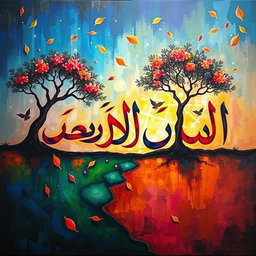 An artistic representation of the Persian phrase 'قتل درخت مرگ زندگی' painted in a vibrant, abstract style