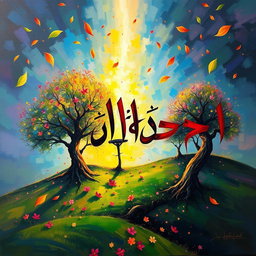 An artistic representation of the Persian phrase 'قتل درخت مرگ زندگی' painted in a vibrant, abstract style