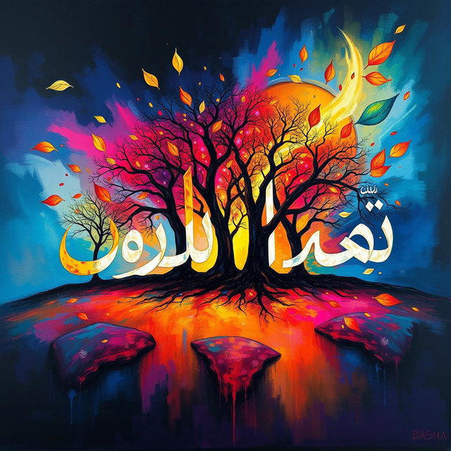 An artistic representation of the Persian phrase 'قتل درخت مرگ زندگی' painted in a vibrant, abstract style