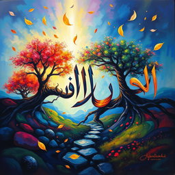 An artistic representation of the Persian phrase 'قتل درخت مرگ زندگی' painted in a vibrant, abstract style