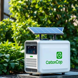 Introducing 'Carbon Cop', a groundbreaking outdoor device that captures carbon emissions from the air and converts them into renewable electricity, powered by integrated solar panels