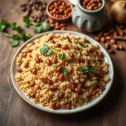 A vibrant and appetizing plate of Mujadara Burghul, featuring perfectly cooked bulgur wheat mixed with caramelized onions and lentils