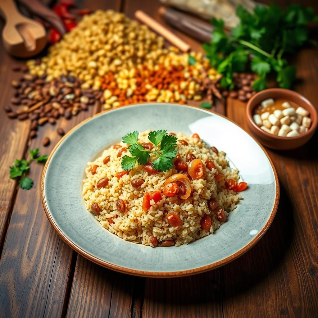 A vibrant and appetizing plate of Mujadara Burghul, featuring perfectly cooked bulgur wheat mixed with caramelized onions and lentils