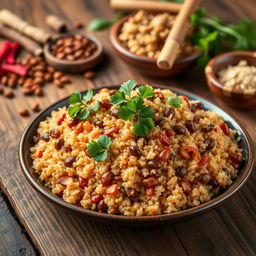 A vibrant and appetizing plate of Mujadara Burghul, featuring perfectly cooked bulgur wheat mixed with caramelized onions and lentils